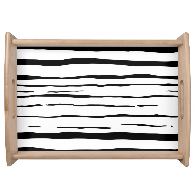 Black White Irregular Stripes Pattern Serving Tray (Front)
