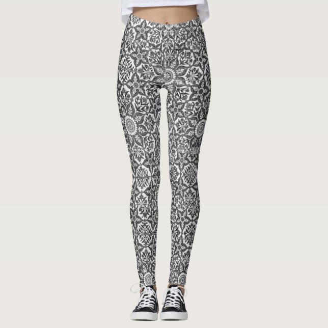 Black & White Islamic Geometric And Floral Design Leggings (Front)