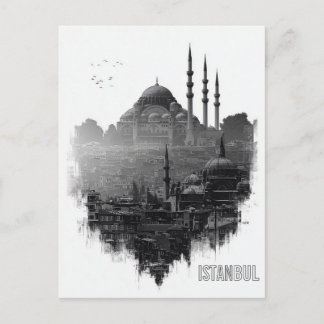 Black & White Istanbul City Skyline Silhouette Postcard