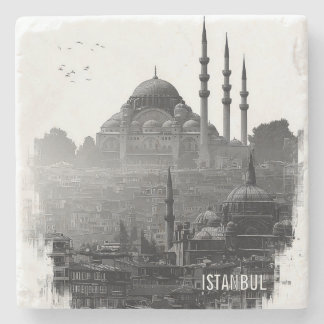 Black & White Istanbul City Skyline Silhouette Stone Coaster