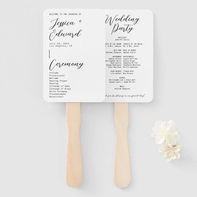 Black White Itinerary Wedding Ceremony Program Hand Fan (Front and Back)