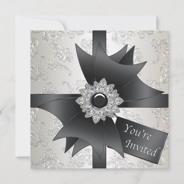 Black White Ivory Damask Party Invitation (Front)