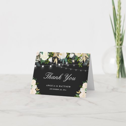 Black White Ivory Floral String Lights Thank You