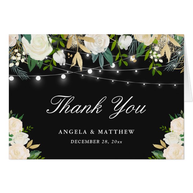 Black White Ivory Floral String Lights Thank You Card