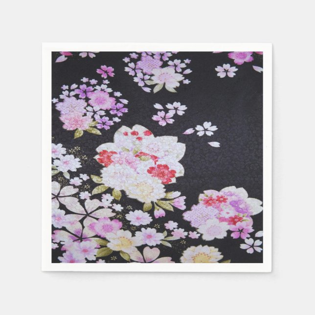 Black White Japanese Kimono Floral Decoupage Paper Napkins (Front)