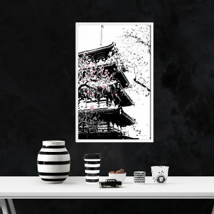 Black/White Japanese Pagoda w/ Cherry Blossoms Poster