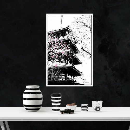 BlackWhite Japanese Pagoda w Cherry Blossoms Poster
