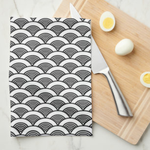 Black White Japanese Wave Pattern Towel