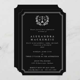 Black/White JD Scales + Laurel Wreath Graduation Invitation