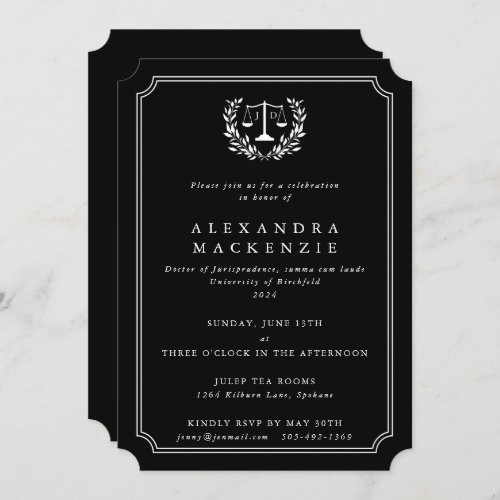 BlackWhite JD Scales  Laurel Wreath Graduation Invitation