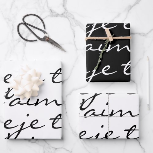 Black  White Je taime I Love You In French Wrapping Paper Sheets