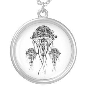 Black & White Jellyfish- OrnateTattoo Style Silver Plated Necklace