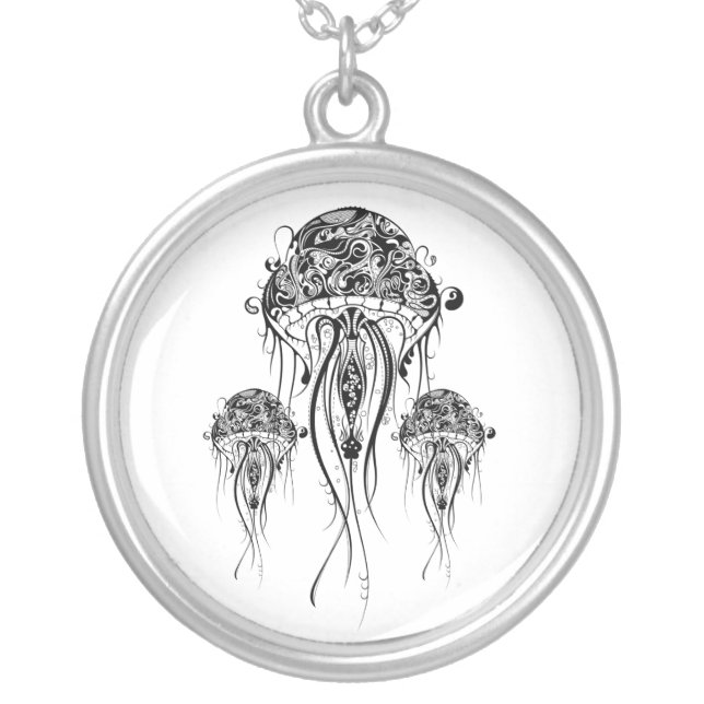 Black & White Jellyfish- OrnateTattoo Style Silver Plated Necklace (Front)