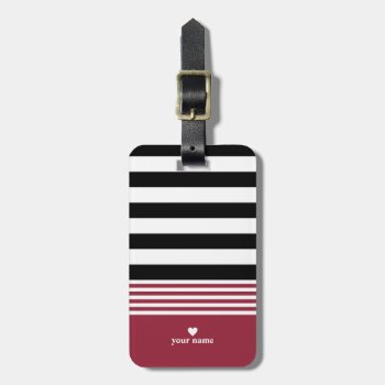 Black  White & Jester Red Striped Personalized Luggage Tag by StripyStripes at Zazzle