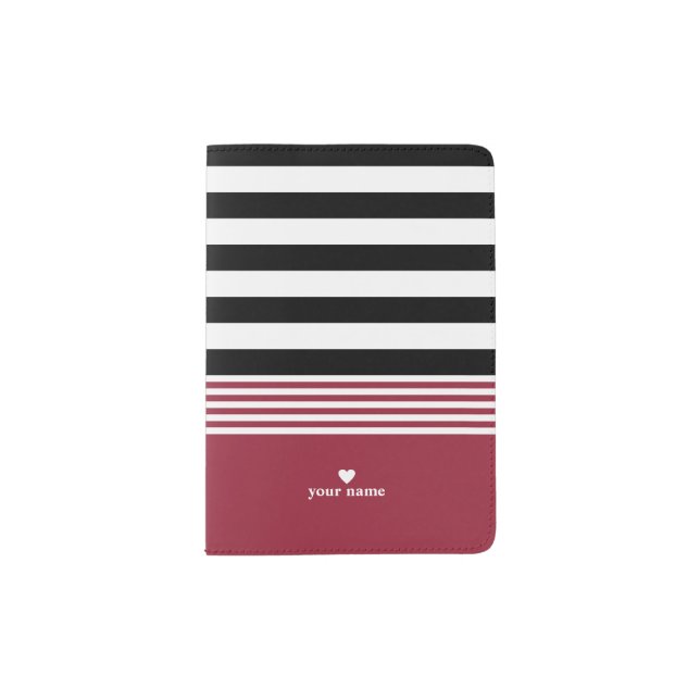 Black, White & Jester Red Striped Personalized Passport Holder (Front)