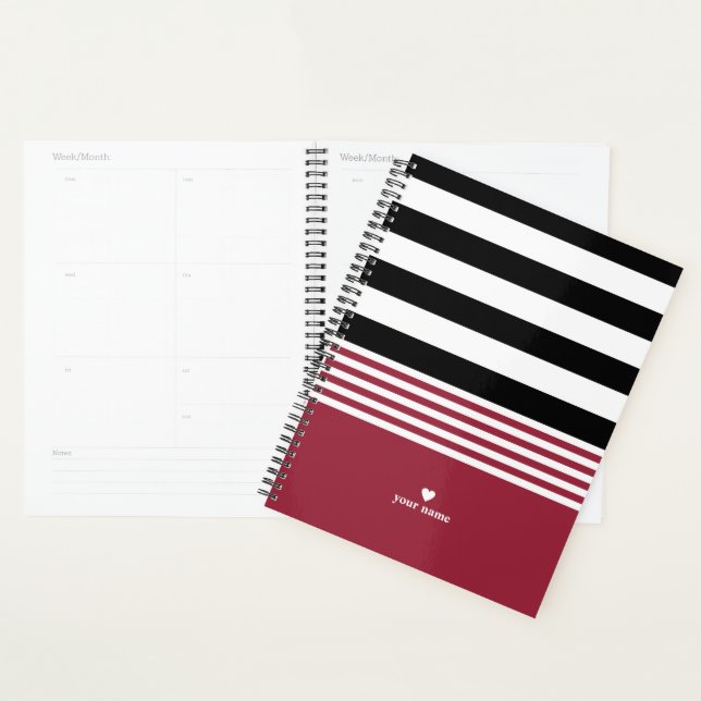 Black, White & Jester Red Striped Personalized Planner (Display)