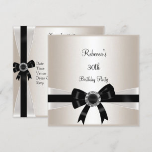 Black White Jewel Bow 30th  Birthday Silver Sepia Invitation