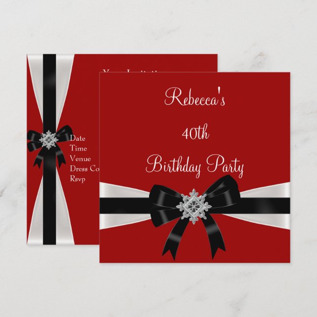 Black White Jewel Bow 40th Elegant Birthday Red Invitation (Front/Back)