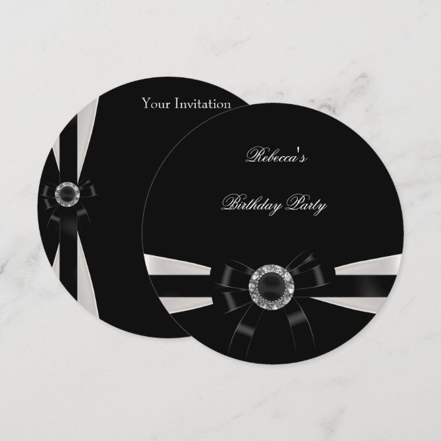 Black White Jewel Bow Birthday Silver Sepia Invitation (Front/Back)