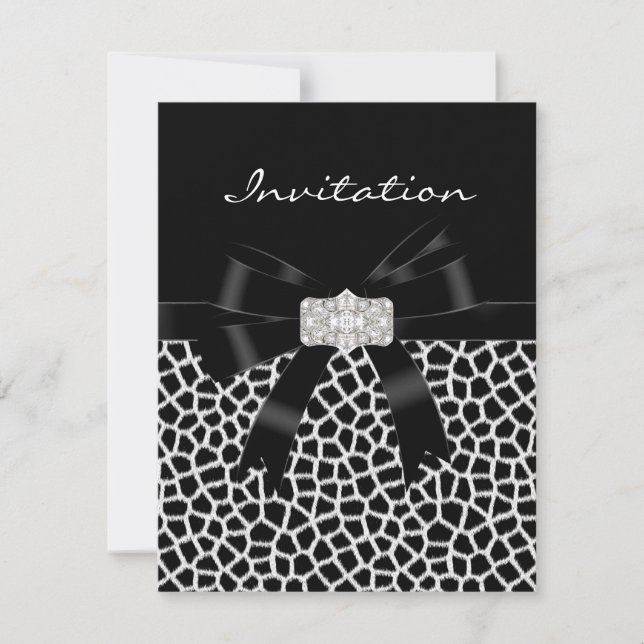 Black White Jewel Bow Invitation Animal Print (Front)