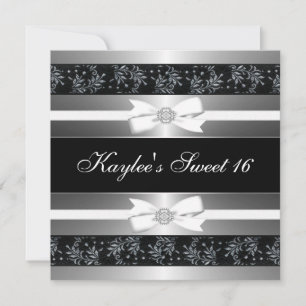 Black White Jewel Bows Sweet Sixteen Birthday Invitation