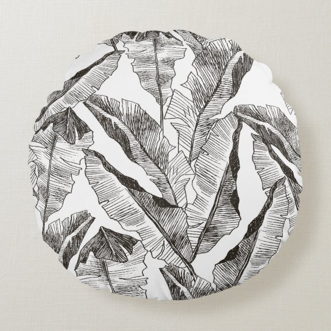 Black White Jungle: Tropical Plant Pattern Round Pillow (Front)
