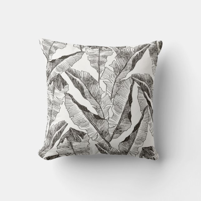 Black White Jungle: Tropical Plant Pattern Throw Pillow (Front)