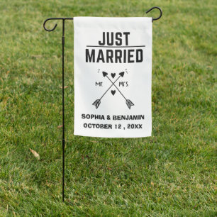 Black & White Just Married Wedding Garden Flag