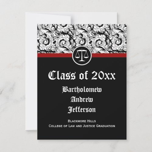 Black/White Justice Scales Law School Graduation Custom Invites