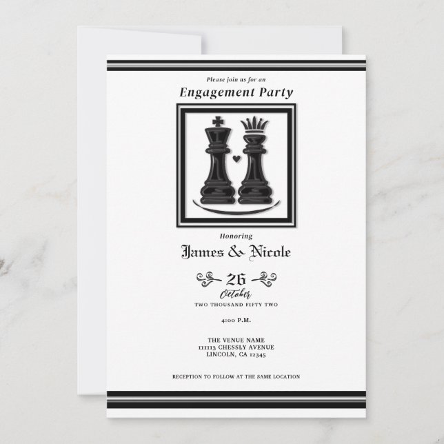 Black White King & Queen Chess Engagement Party Invitation (Front)