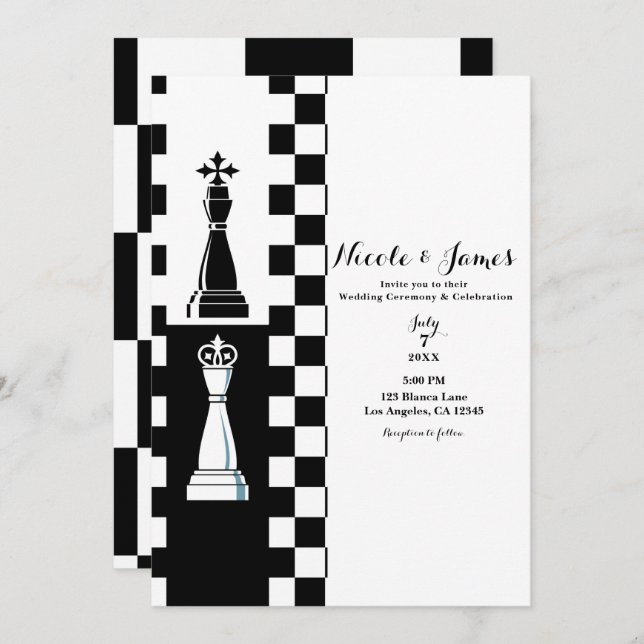 Black & White King Queen Chess Wedding Invitation (Front/Back)