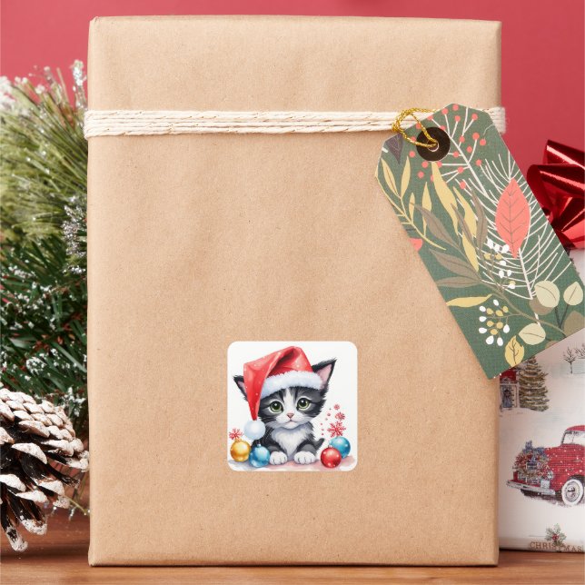 Black White Kitten In Santa Hat Merry Christmas Square Sticker (Holiday)