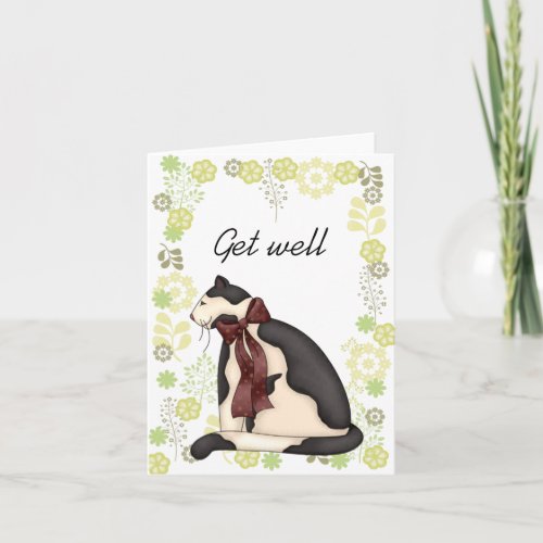 Black  White Kitty Cat wFloral Border Get Well Holiday Card