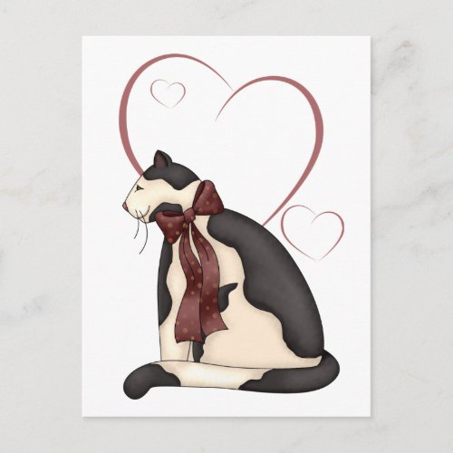 Black  White Kitty Cat wHearts Valentine Holiday Postcard