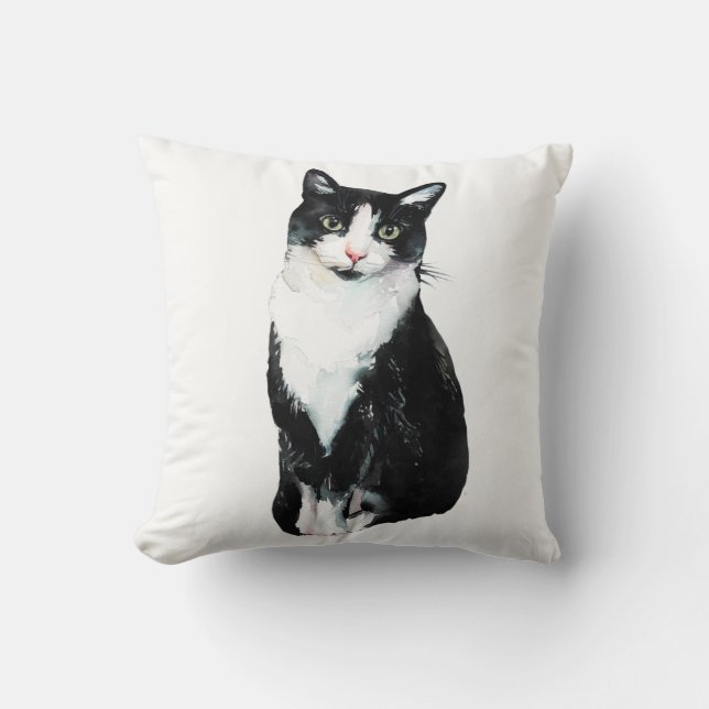 Black & White Kitty Cat Watercolor Throw Pillow (Front)