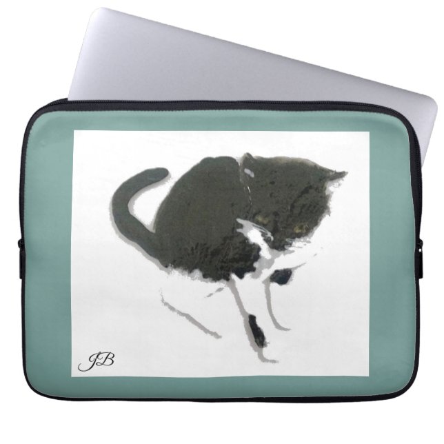 Black White Kitty Personalized Laptop Sleeve (Front)