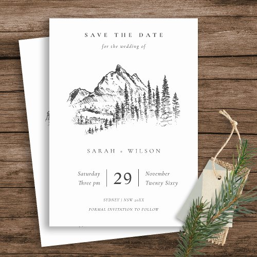 Black White Kraft Rustic Pine Mountain Sketch Save The Date