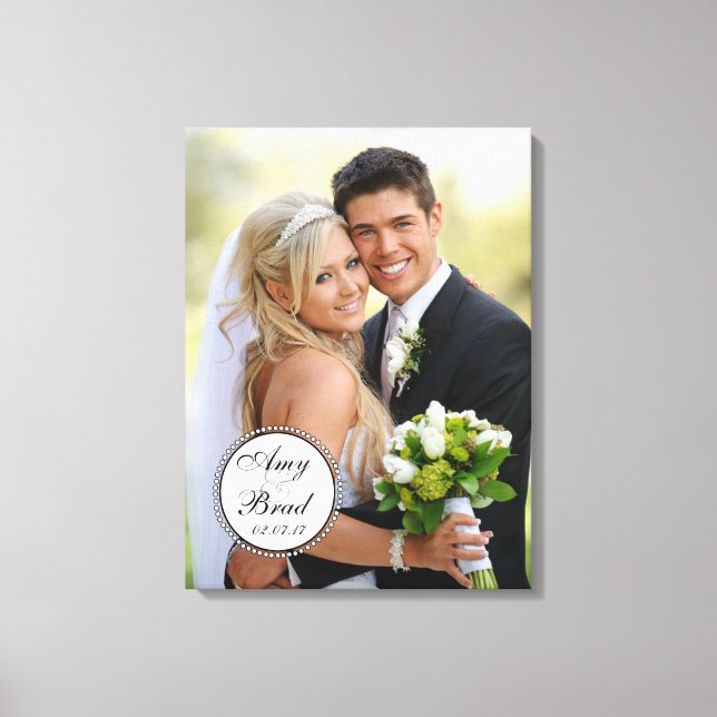 Black White Label Wedding Photo Keepsake Canvas (Front)