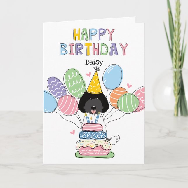 Black White Labradoodle Dog Happy Birthday Card (Front)