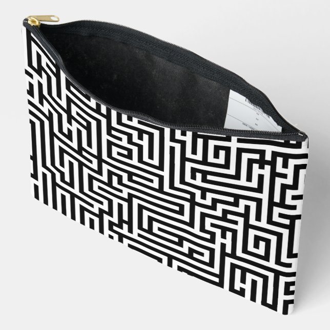 Black & White Labyrinth Maze Pattern Accessory Pouch (Open)