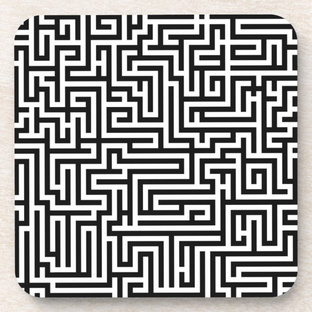 Black & White Labyrinth Maze Pattern Beverage Coaster (Front)