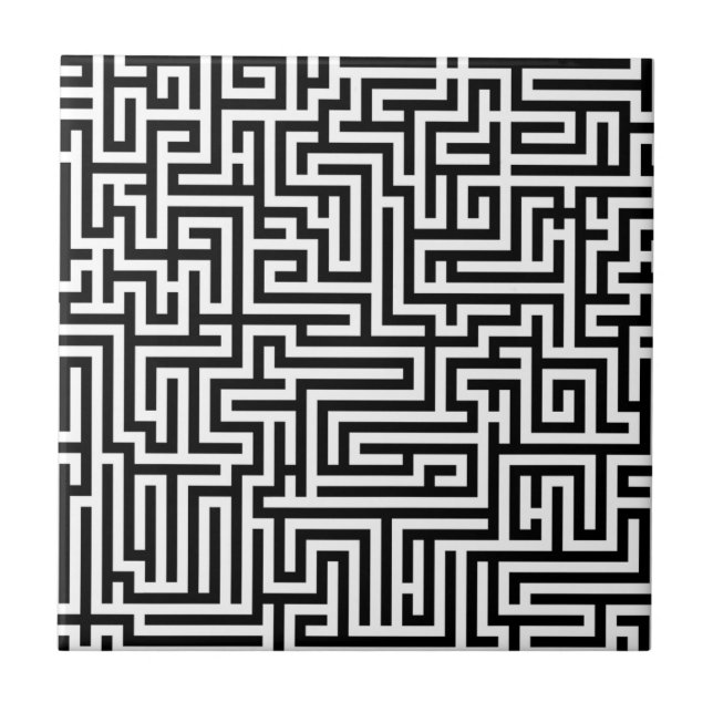 Black & White Labyrinth Maze Pattern Ceramic Tile (Front)