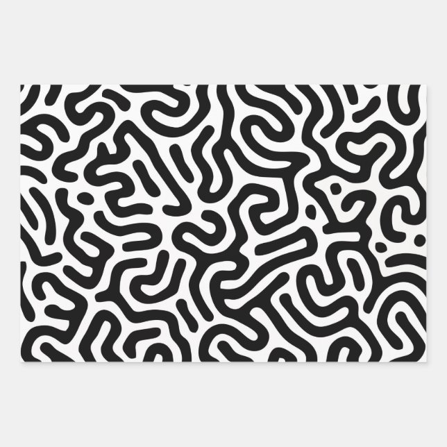 black white labyrinth pattern line decorative mode wrapping paper sheets (Front)