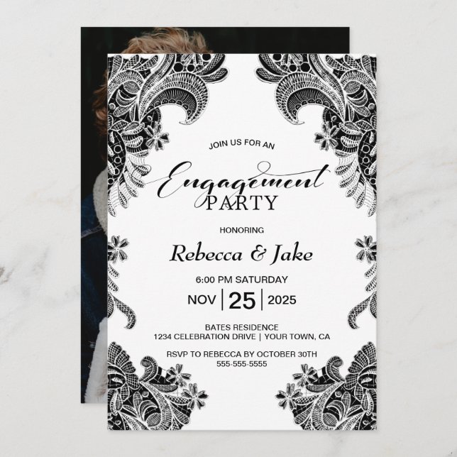 Black White Lace Custom Photo Engagement Party Invitation (Front/Back)