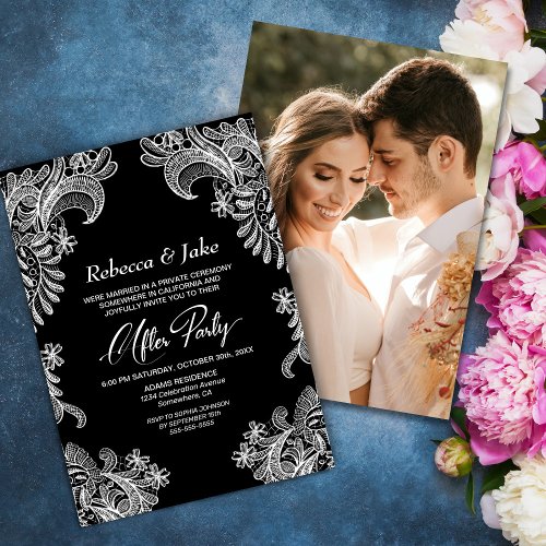 Black White Lace Custom Photo Wedding After Party Invitation