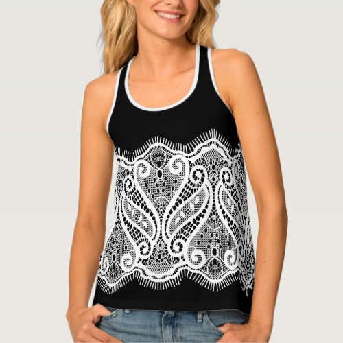 Black White Lace Detail Ladies All Over Tank Top