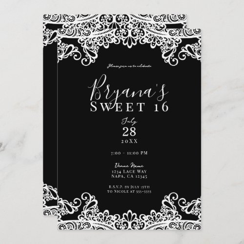 Black  White Lace Elegant Sweet 16 Party Invitation