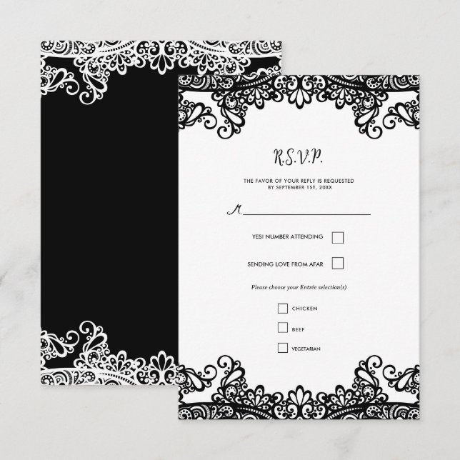 Black & White Lace Elegant Wedding RSVP Card (Front/Back)