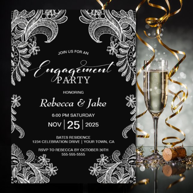 Black White Lace Engagement Party Invitation (Creator Uploaded)