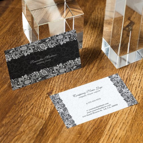 Black white lace floral damask wedding planner business card